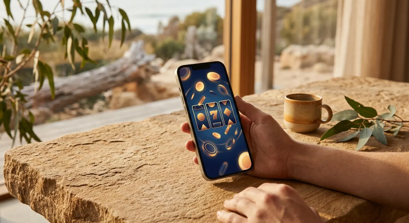 Editorial illustration of a smartphone with abstract virtual slot reels and Australian visual cues